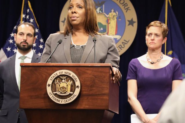 NY Attorney General Letitia James standing at a lectern during a June press conference